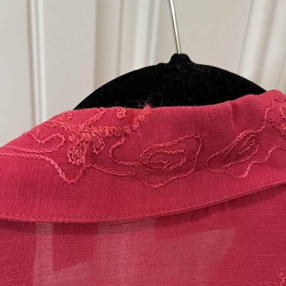 Marsh Landing Pink Floral Embroidered Linen Blend Button Up Top Womens Size L - Picture 8 of 13